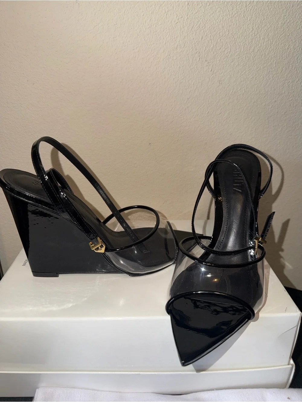 SCHUTZ ❤️‍🔥 “Elodie” Patent Wedge Slingback Peep-Toe Heels